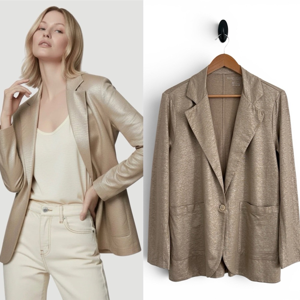 Majestic Filatures Women's Size 2 Beige Gold Linen Stretch Metallic Blazer NWT